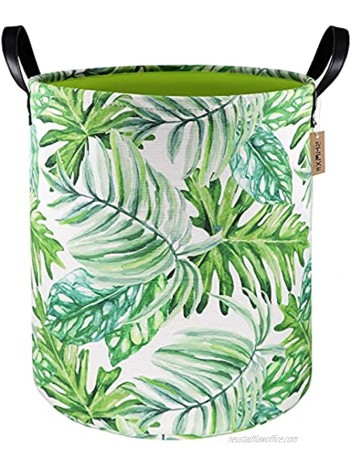 RWWXII 15.7" Thicken Large Laundy Basket with Leather Handles Collapsible Canvas Laundry Hamper for Bedroom Storage Baskset for Nursery Clothes,Toys Green Leaves