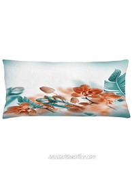 Ambesonne Tropical Throw Pillow Cushion Cover Exotic Orchid Blossoms and Leaves on a Blurred Background of Floral Themed Modern Art Decorative Rectangle Accent Pillow Case 36" X 16" Orange Teal