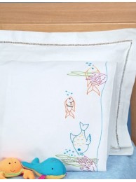 Jack Dempsey 1605 351 Children's Stamped Pillowcase with White Perle Edge Fish at Play 1-Pack