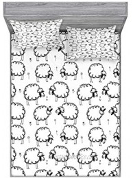 Ambesonne Funny Fitted Sheet & Pillow Sham Set Humorous Sheep Patterns on Meadow Flower Comic Doodle Playroom Art Print Decorative Printed 2 Piece Bedding Decor Set Full White and Black